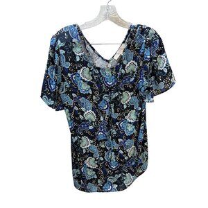 Loft Womens Floral Print Short Sleeve V-Neck Blouse Size S